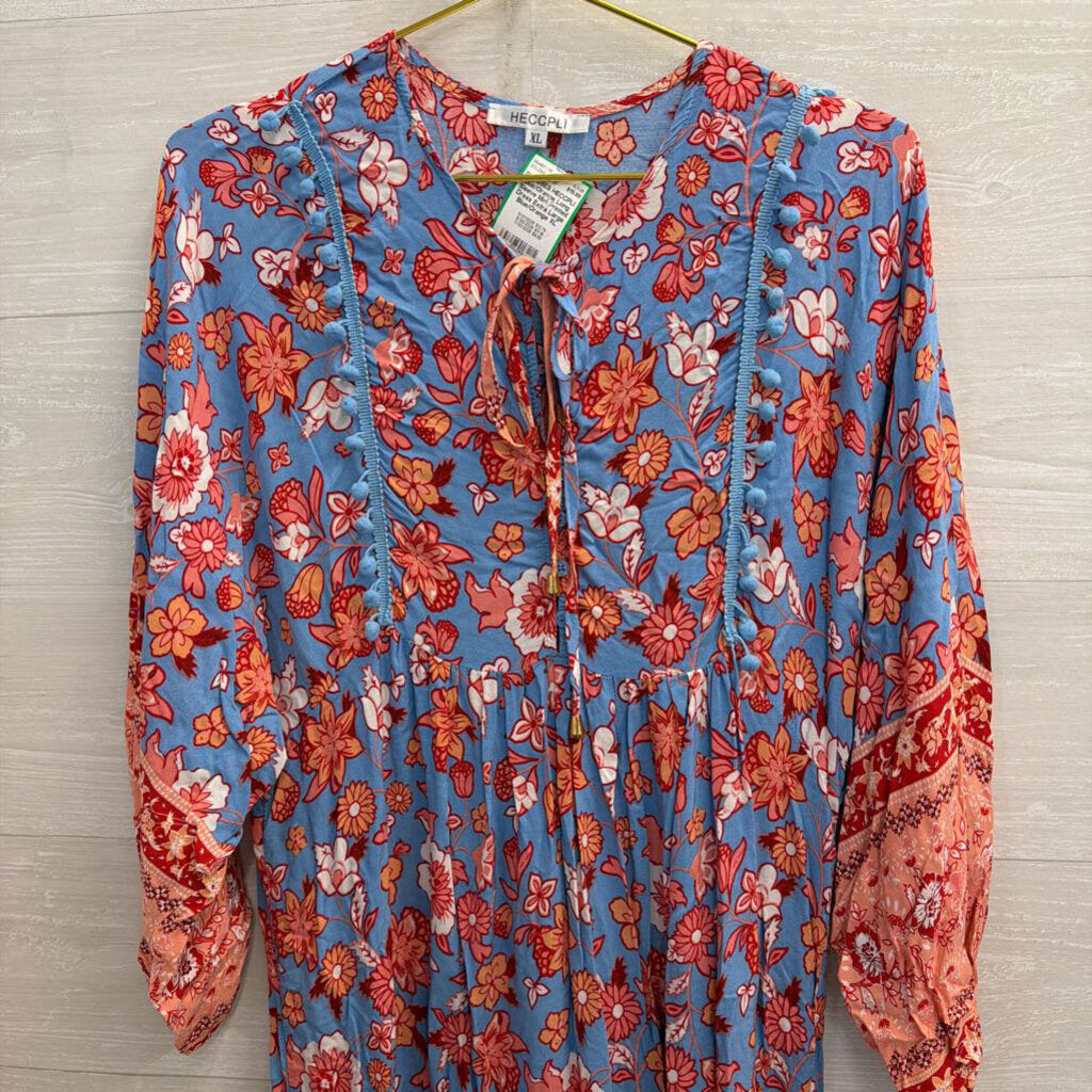 Blue/Orange Long Sleeve Midi Printed Dress Extra Large