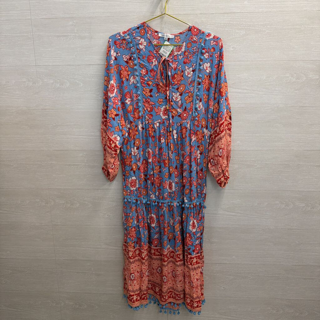 Blue/Orange Long Sleeve Midi Printed Dress Extra Large