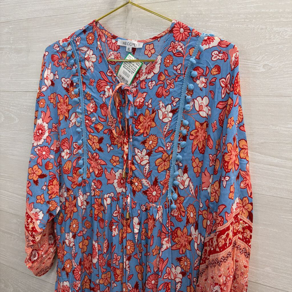 Blue/Orange Long Sleeve Midi Printed Dress Extra Large
