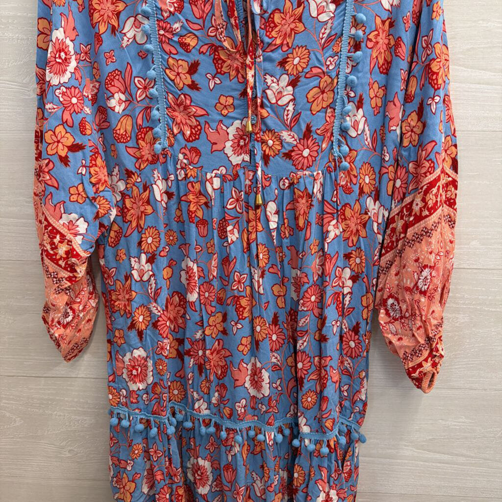 Blue/Orange Long Sleeve Midi Printed Dress Extra Large