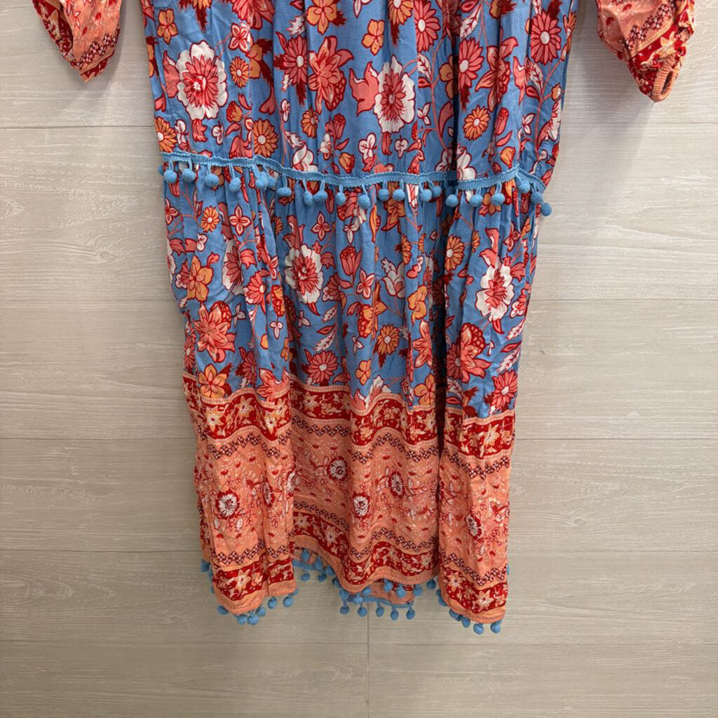 Blue/Orange Long Sleeve Midi Printed Dress Extra Large