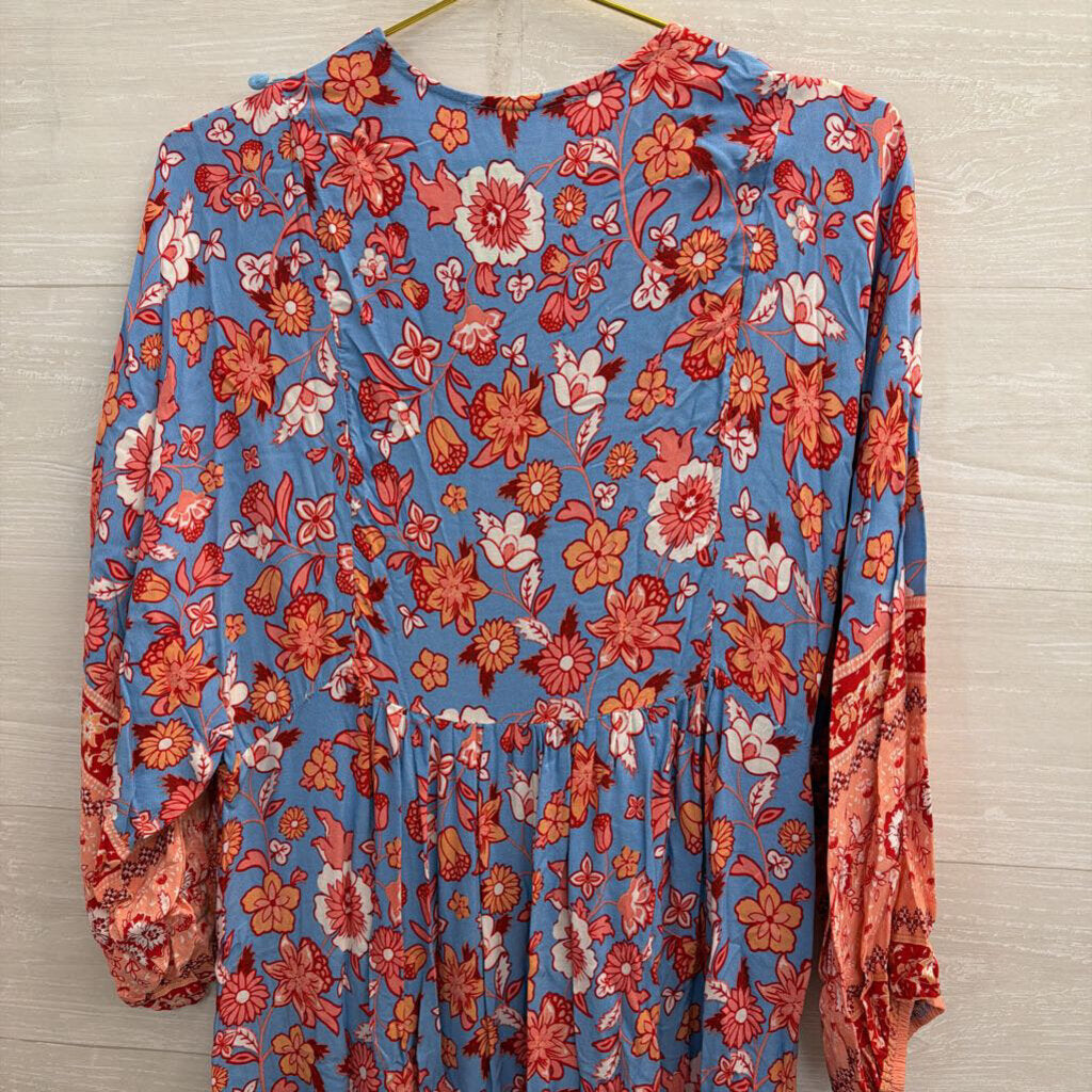 Blue/Orange Long Sleeve Midi Printed Dress Extra Large