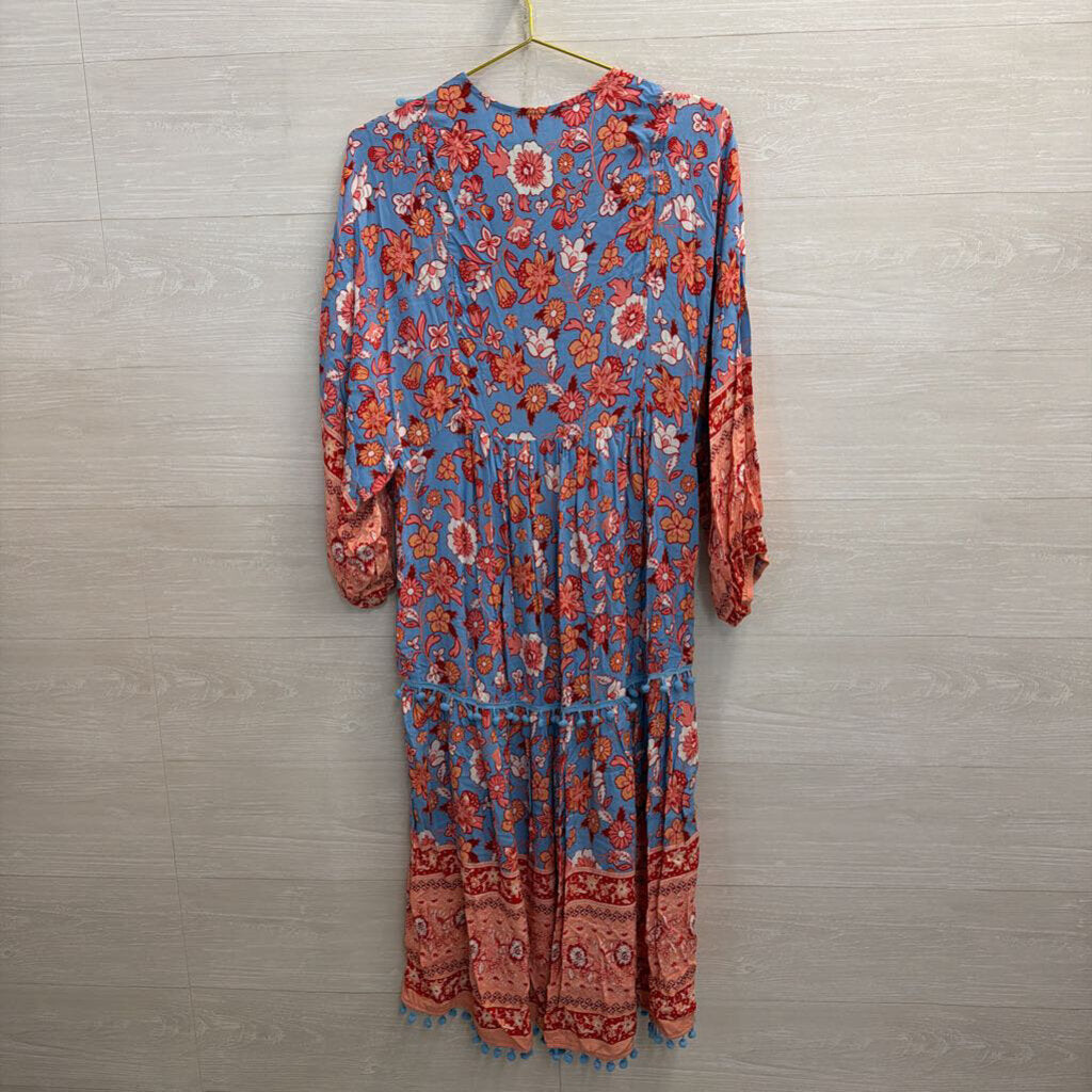 Blue/Orange Long Sleeve Midi Printed Dress Extra Large