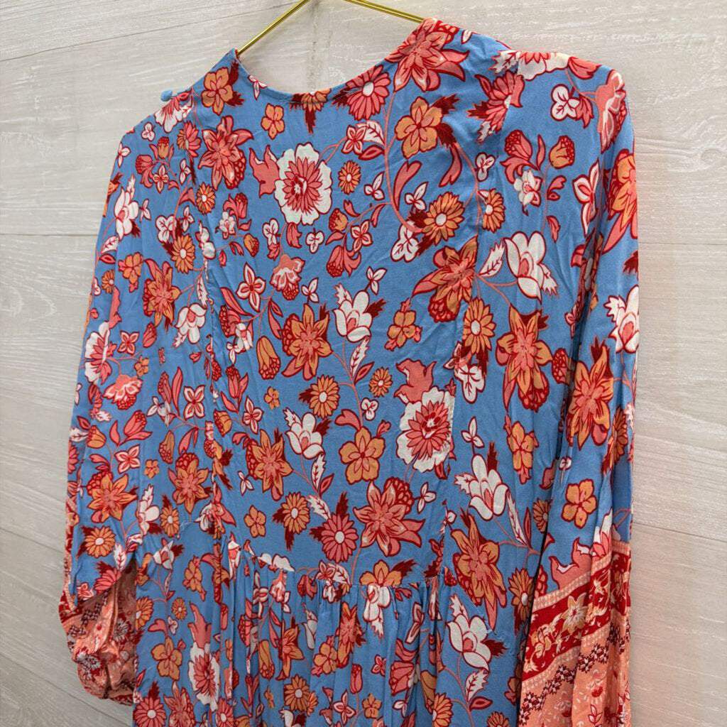 Blue/Orange Long Sleeve Midi Printed Dress Extra Large