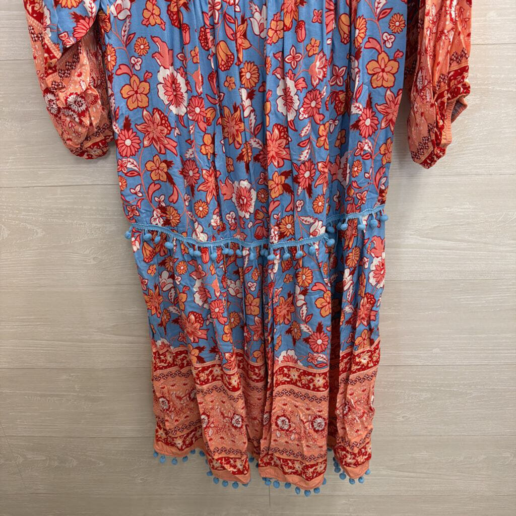 Blue/Orange Long Sleeve Midi Printed Dress Extra Large