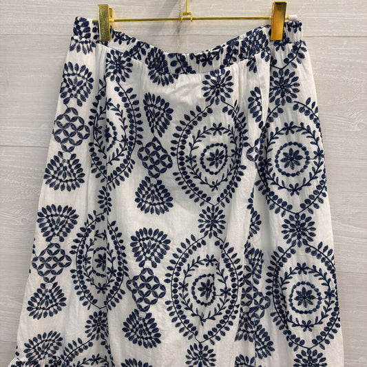 Adiva Blue/White Embroidered Midi Skirt Large