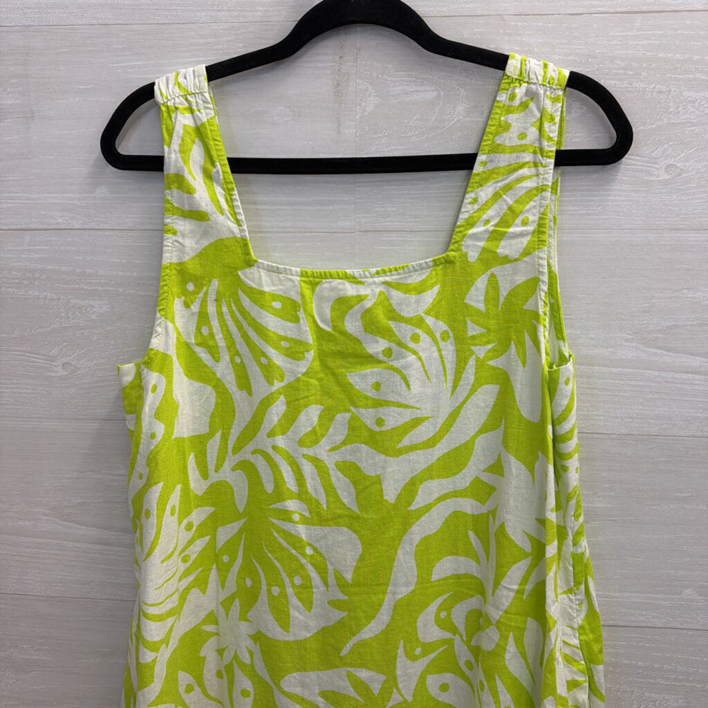 Lime Green/White Printed Tank Linen Dress Large