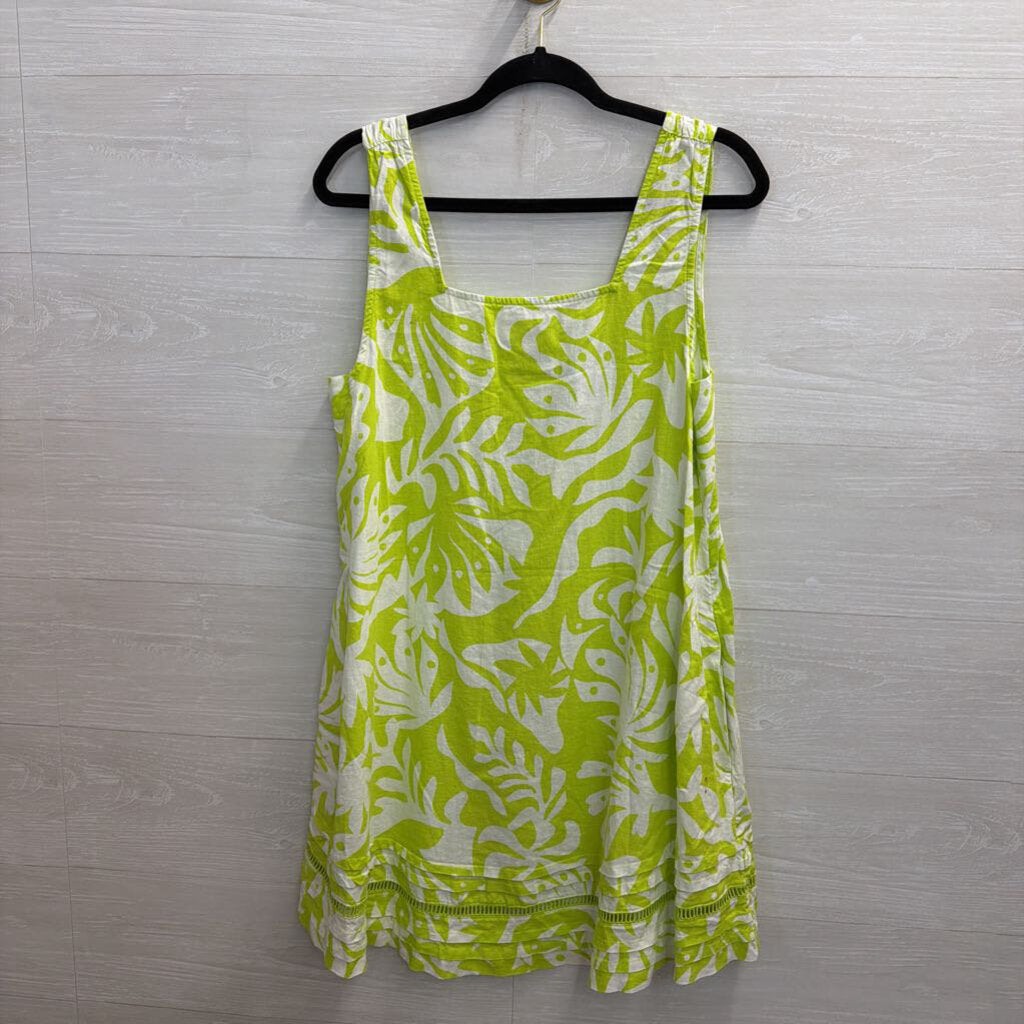 Lime Green/White Printed Tank Linen Dress Large