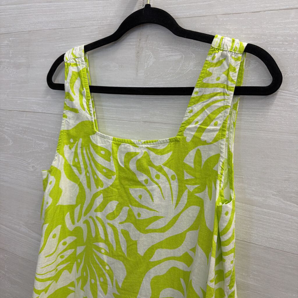 Lime Green/White Printed Tank Linen Dress Large