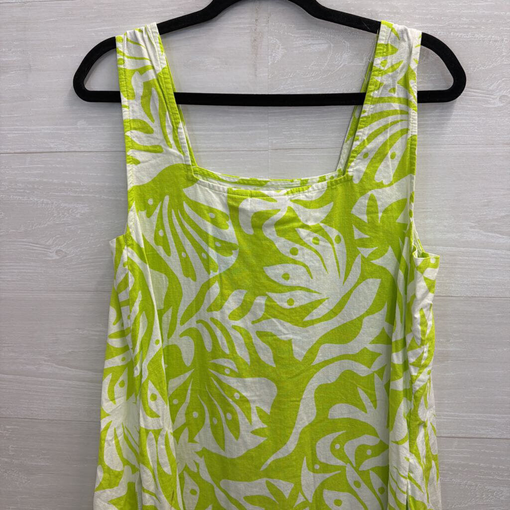 Lime Green/White Printed Tank Linen Dress Large