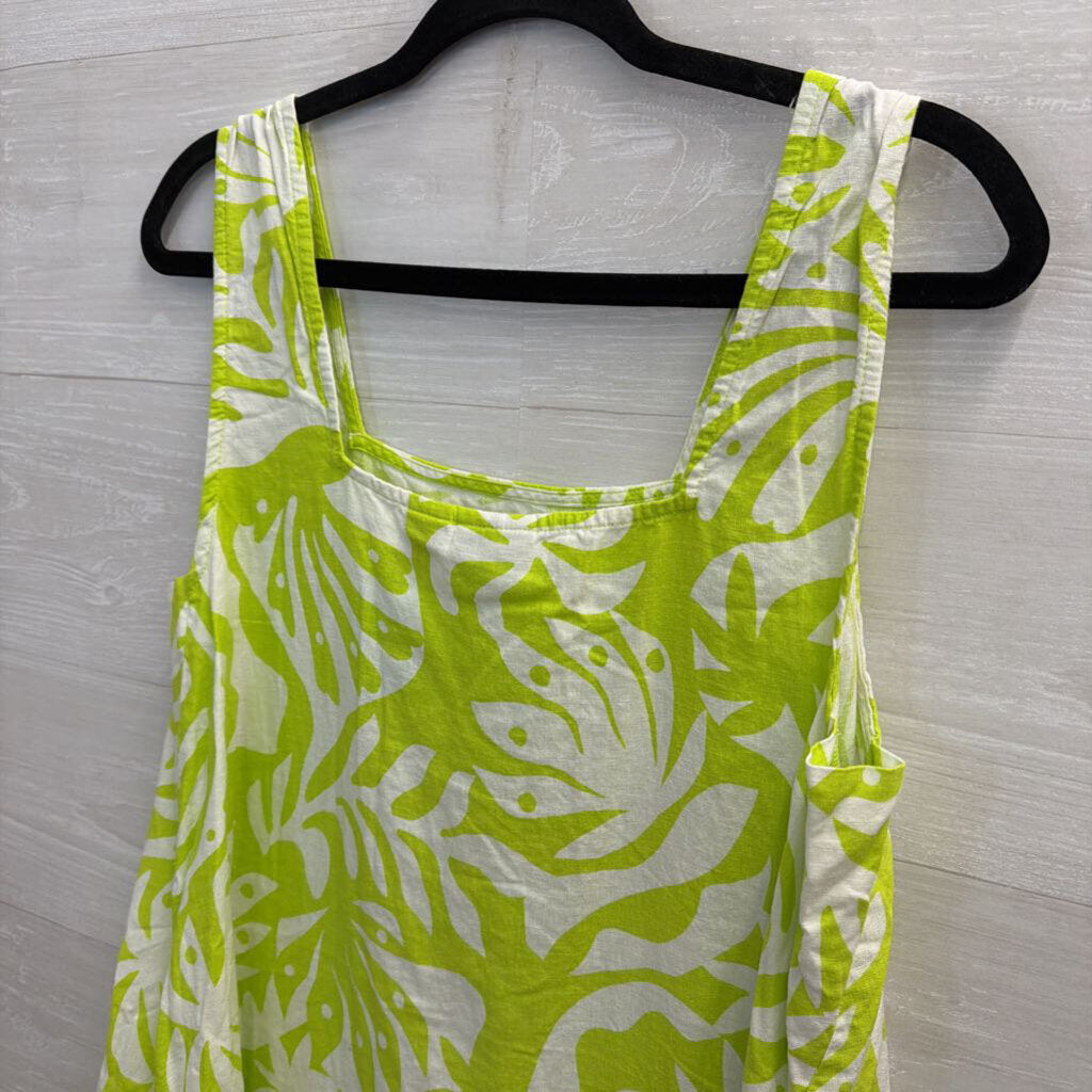 Lime Green/White Printed Tank Linen Dress Large