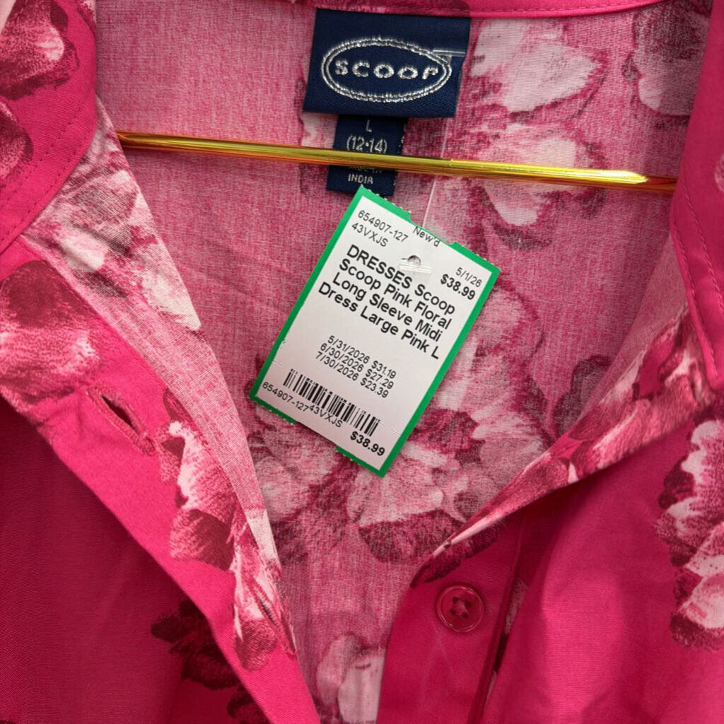 Scoop Pink Floral Long Sleeve Midi Dress Large