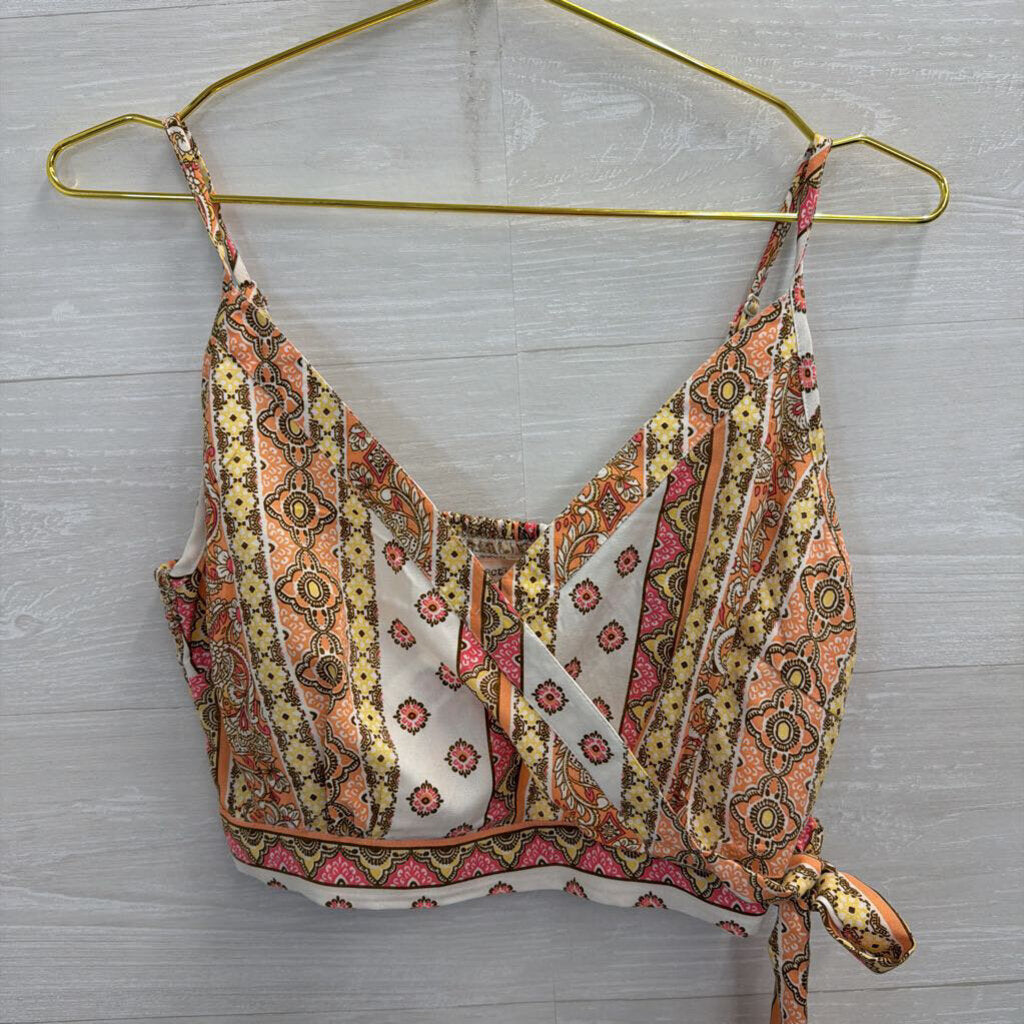 BOG Collective White/ Pink Print Cropped Tank Top Small