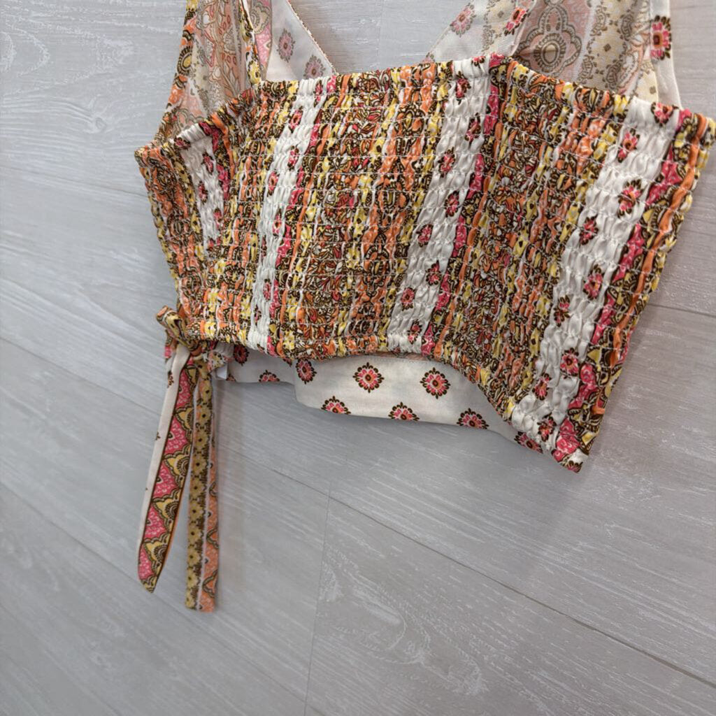 BOG Collective White/ Pink Print Cropped Tank Top Small