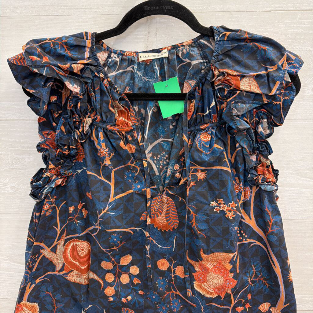 Ulla Johnson Navy/ Coral Print Short Sleeve Top 4
