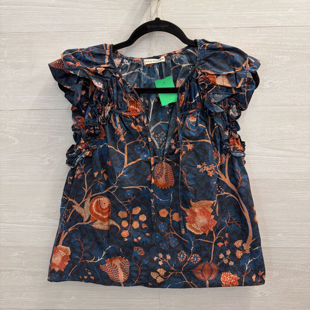 Ulla Johnson Navy/ Coral Print Short Sleeve Top 4