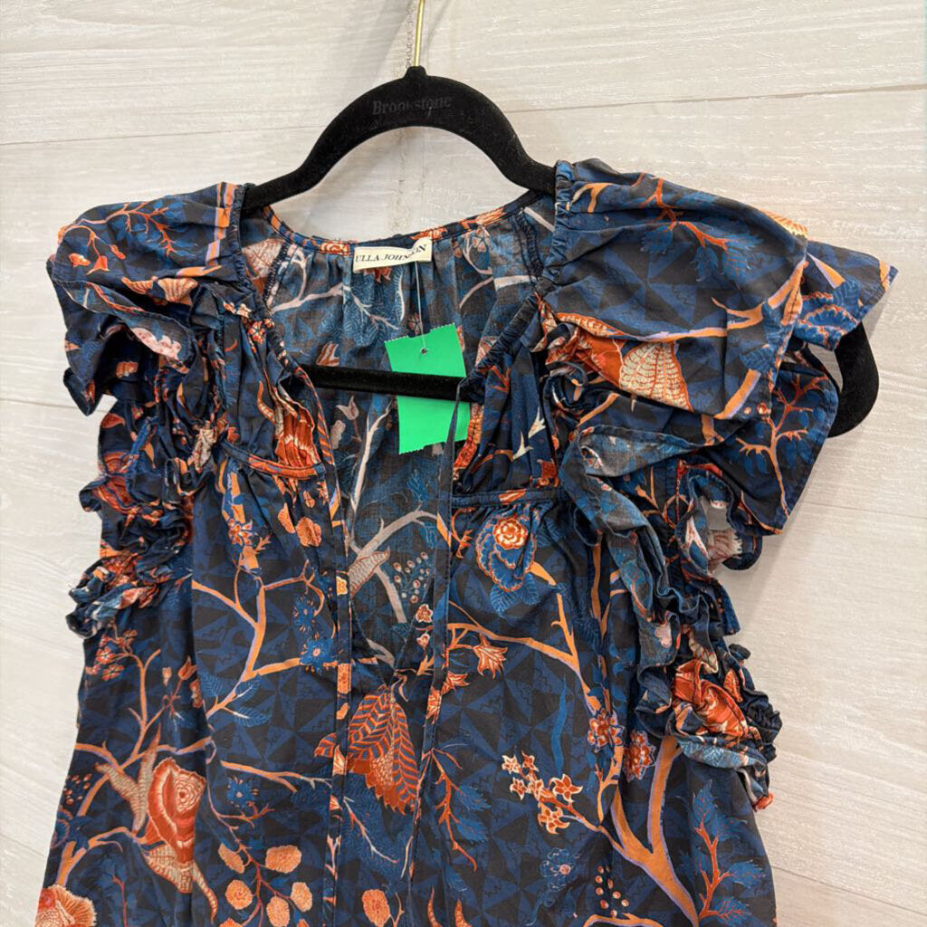 Ulla Johnson Navy/ Coral Print Short Sleeve Top 4