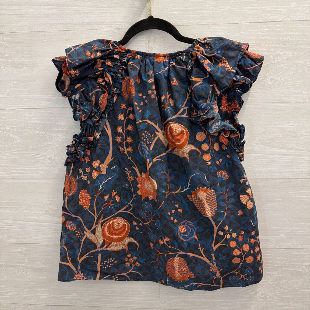 Ulla Johnson Navy/ Coral Print Short Sleeve Top 4
