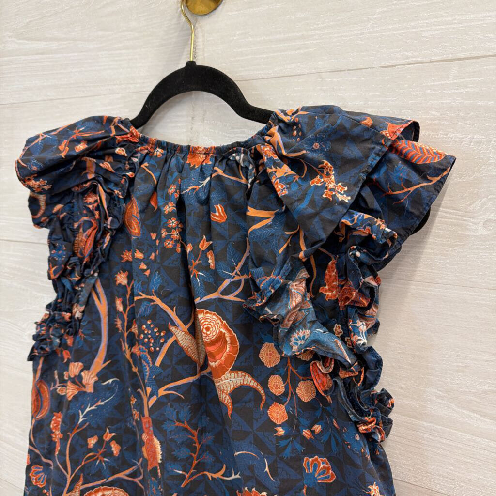 Ulla Johnson Navy/ Coral Print Short Sleeve Top 4