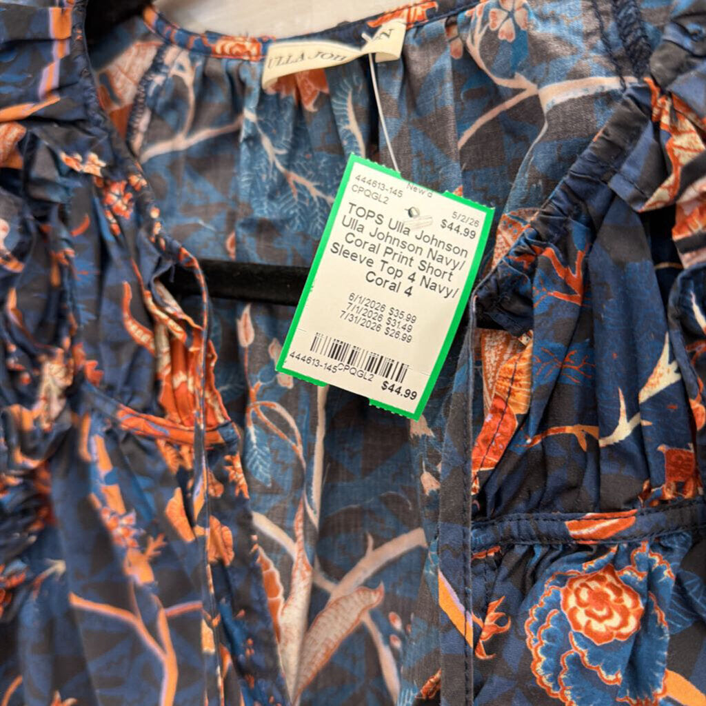 Ulla Johnson Navy/ Coral Print Short Sleeve Top 4
