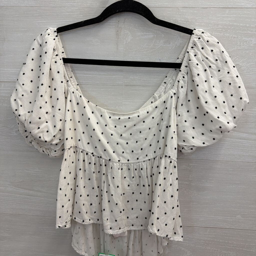 Audrey Parks White/ Black Dot Print Short Puff Sleeve Top Large