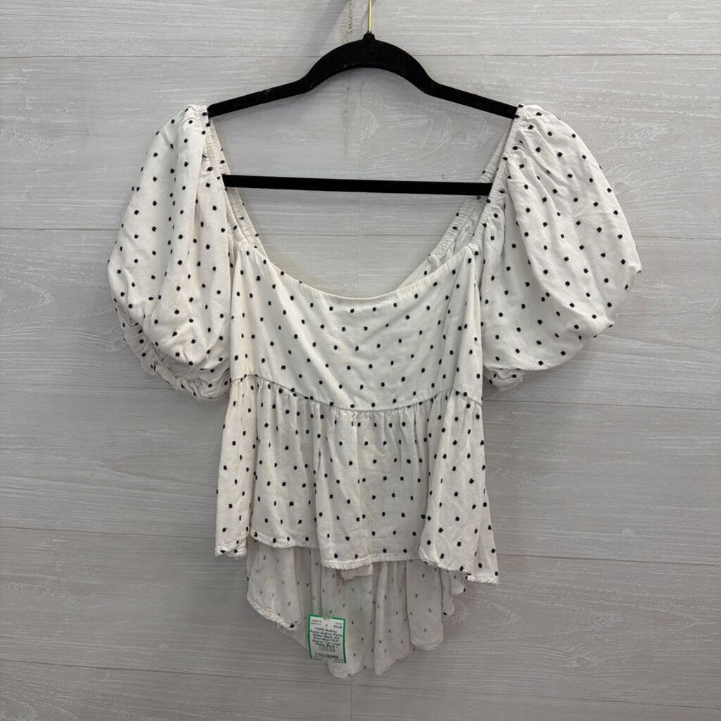 Audrey Parks White/ Black Dot Print Short Puff Sleeve Top Large