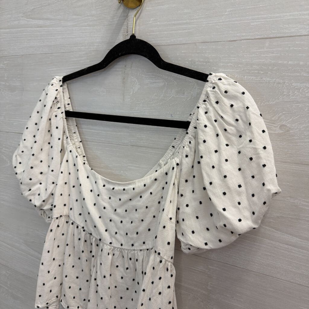 Audrey Parks White/ Black Dot Print Short Puff Sleeve Top Large