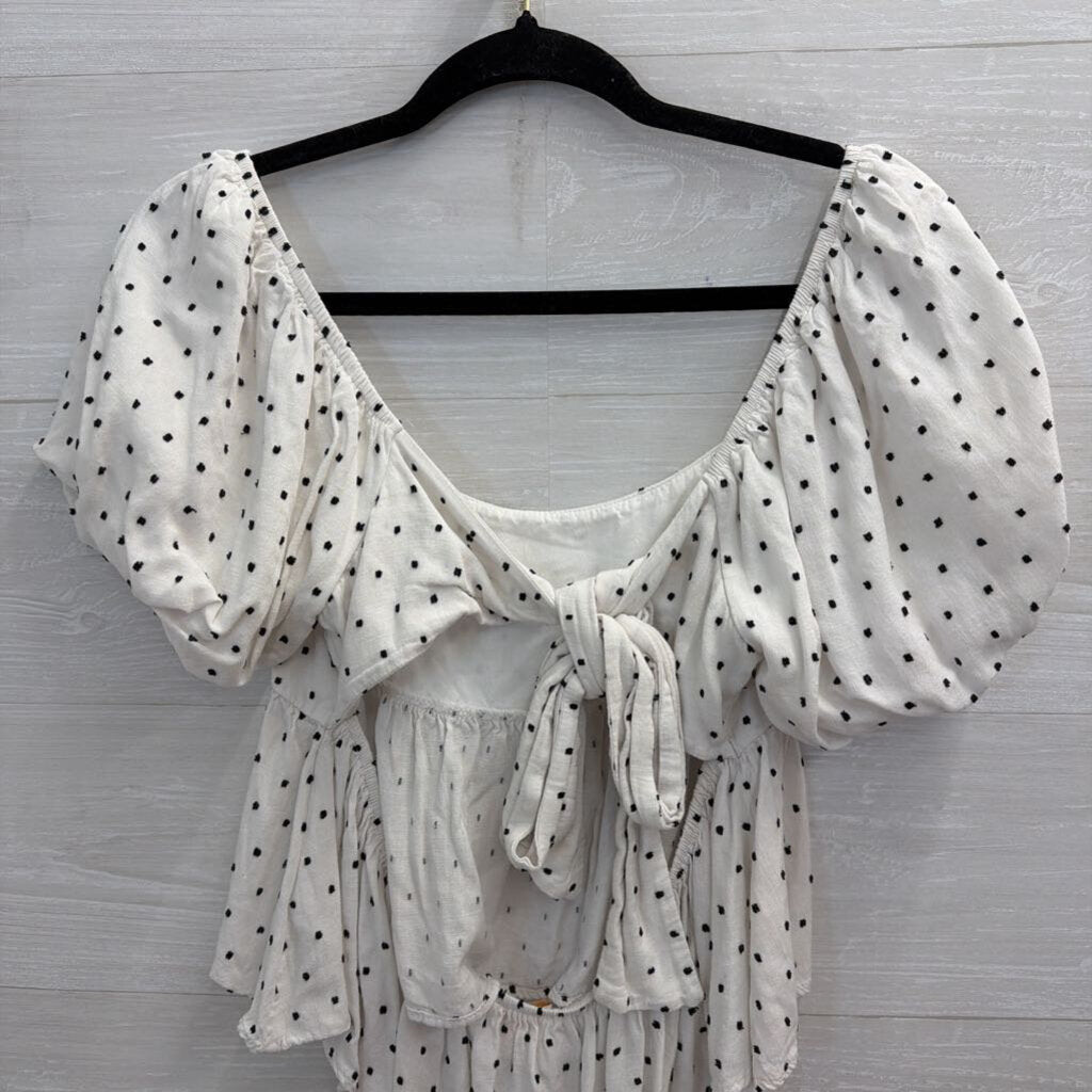 Audrey Parks White/ Black Dot Print Short Puff Sleeve Top Large