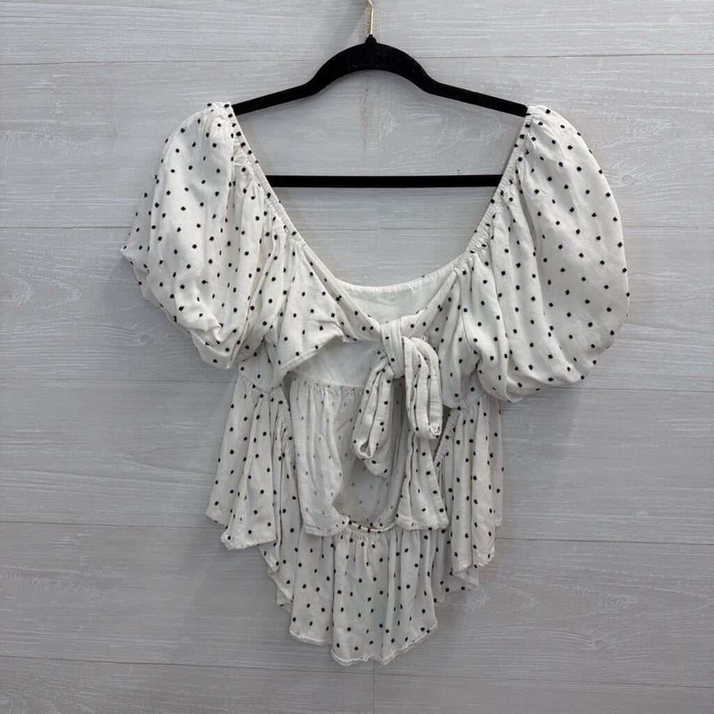 Audrey Parks White/ Black Dot Print Short Puff Sleeve Top Large