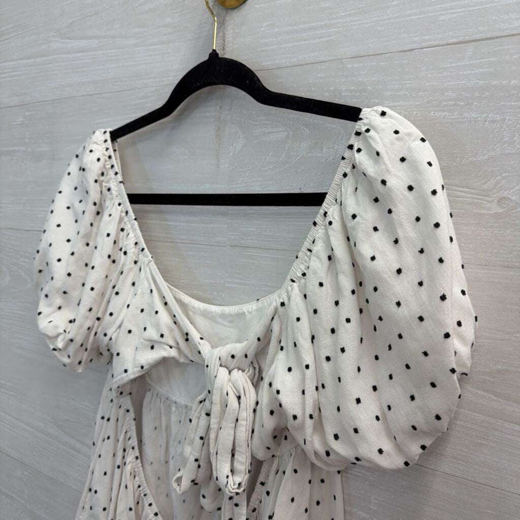 Audrey Parks White/ Black Dot Print Short Puff Sleeve Top Large