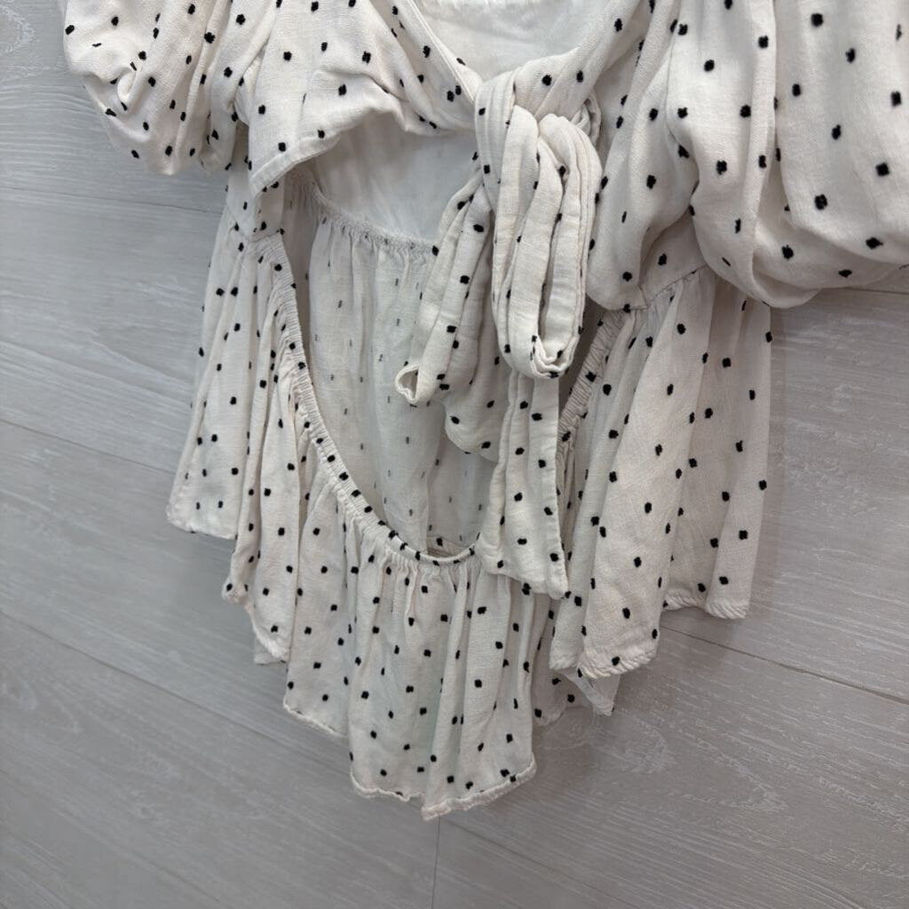 Audrey Parks White/ Black Dot Print Short Puff Sleeve Top Large