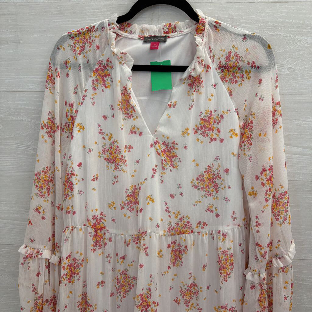 Vince Camuto White/ Pink Floral Print Long Sleeve Dress Small