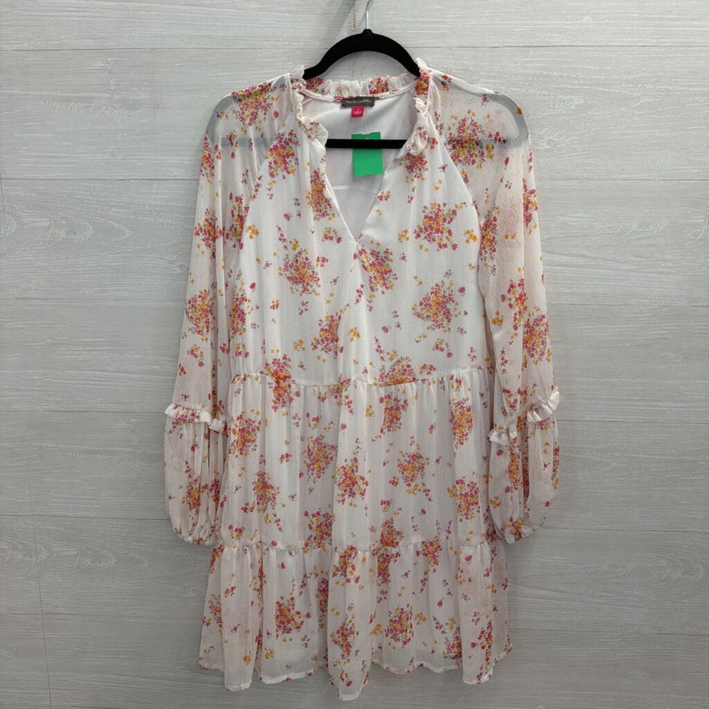 Vince Camuto White/ Pink Floral Print Long Sleeve Dress Small