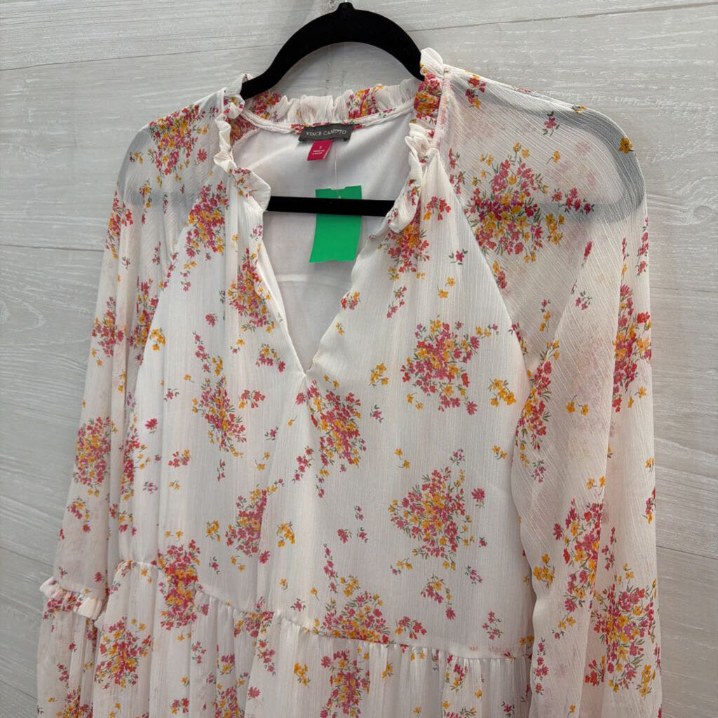 Vince Camuto White/ Pink Floral Print Long Sleeve Dress Small