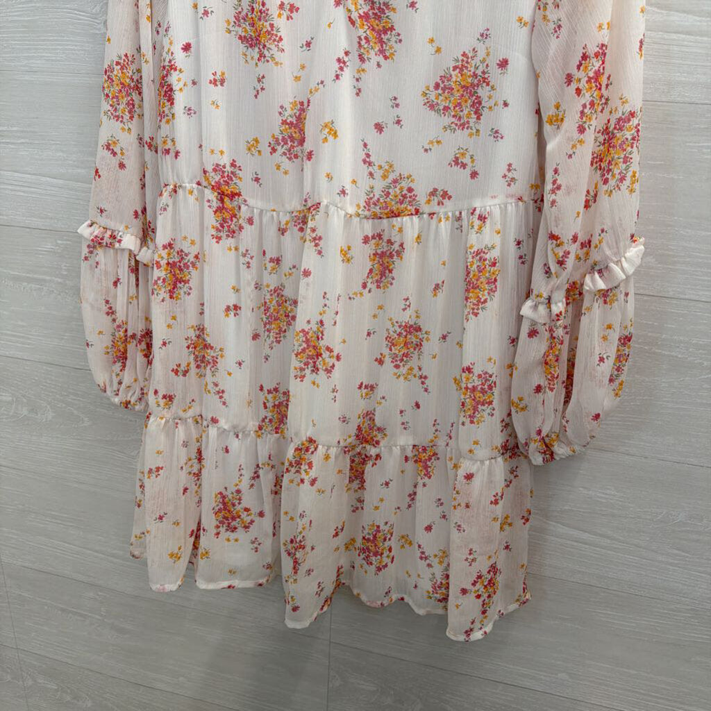 Vince Camuto White/ Pink Floral Print Long Sleeve Dress Small
