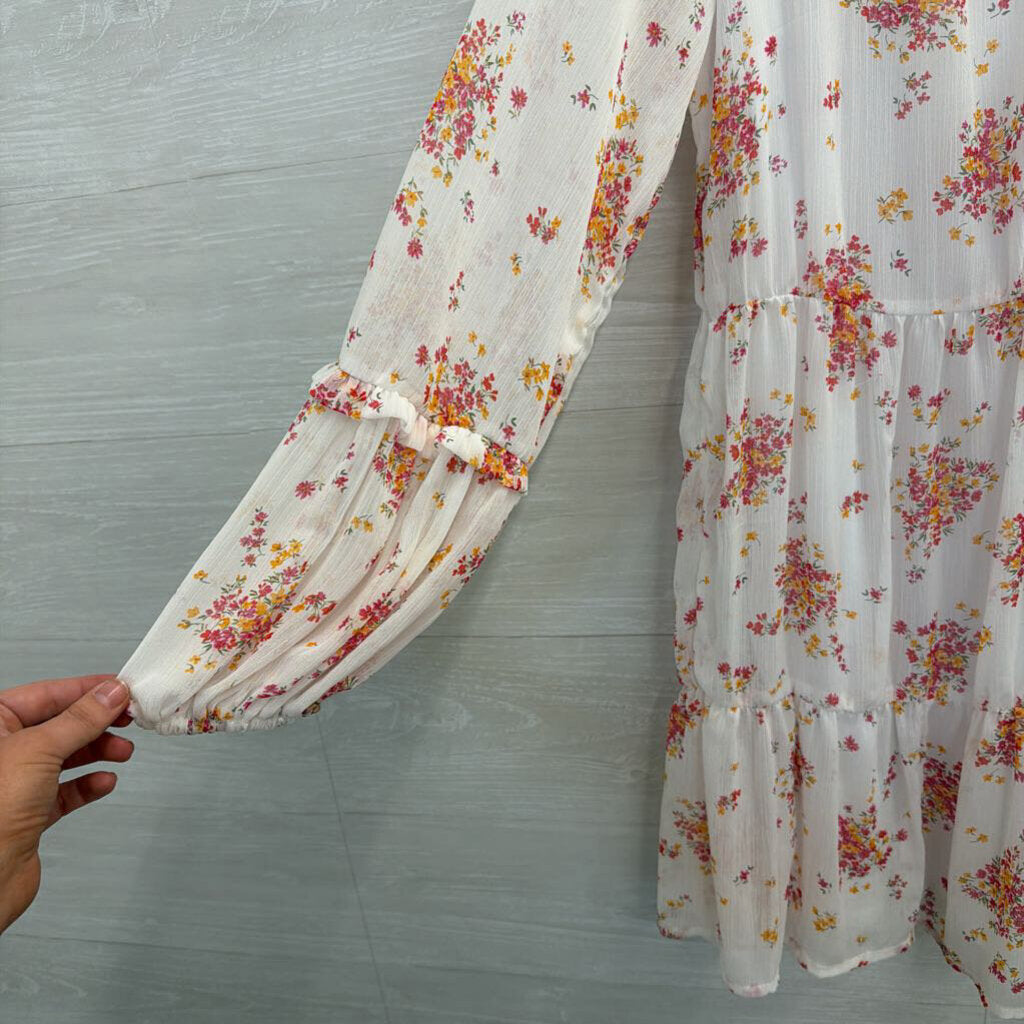 Vince Camuto White/ Pink Floral Print Long Sleeve Dress Small
