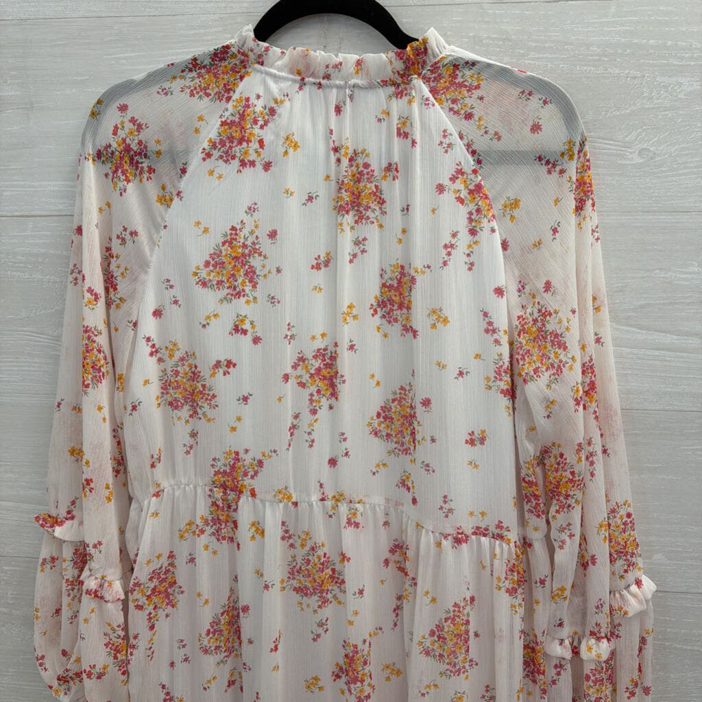 Vince Camuto White/ Pink Floral Print Long Sleeve Dress Small