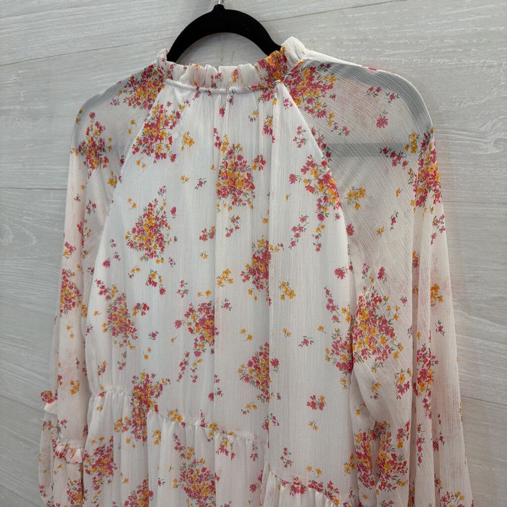 Vince Camuto White/ Pink Floral Print Long Sleeve Dress Small