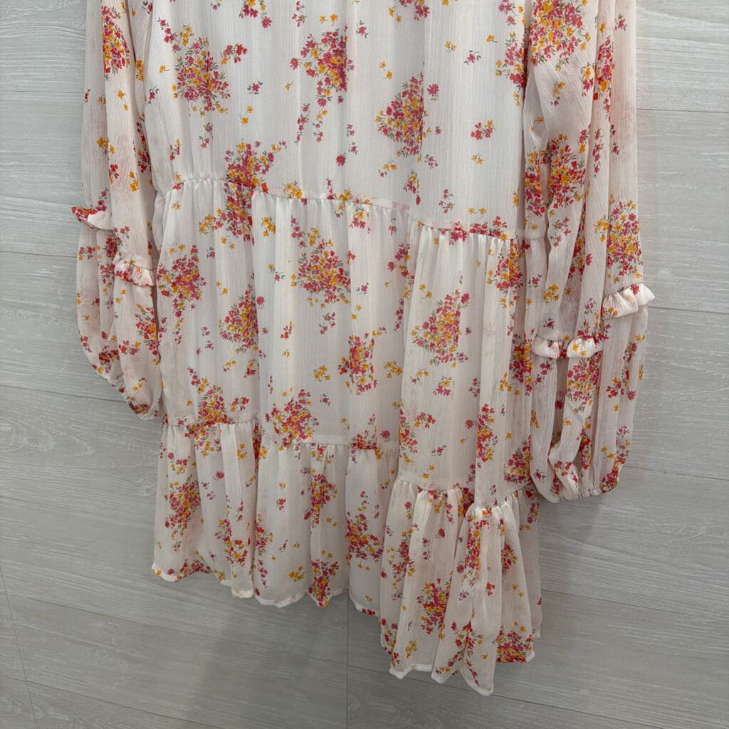 Vince Camuto White/ Pink Floral Print Long Sleeve Dress Small