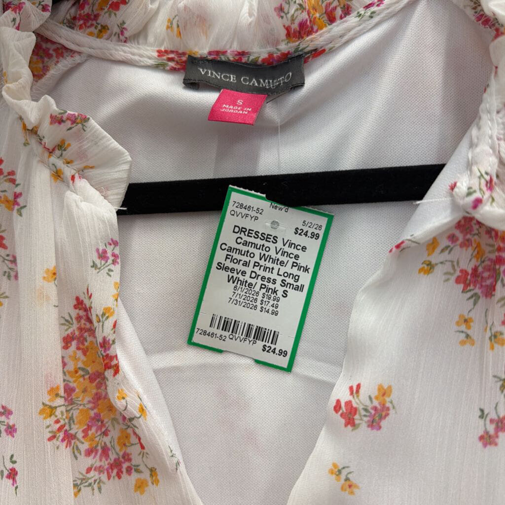 Vince Camuto White/ Pink Floral Print Long Sleeve Dress Small