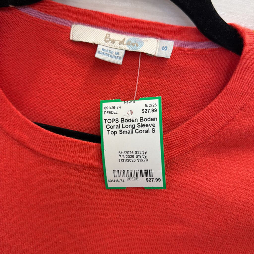 Boden Coral Long Sleeve Top Small