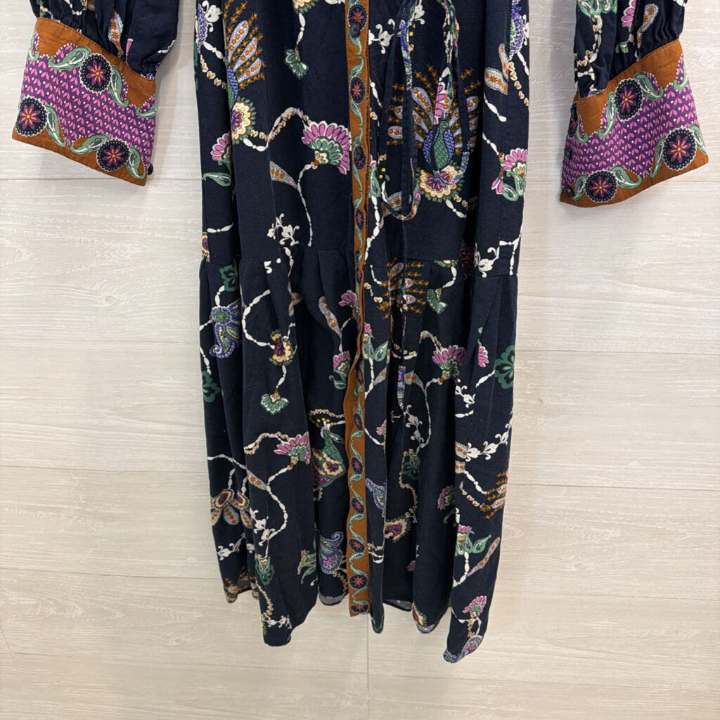 Navy/Printed Long Sleeve Collared Dress 2
