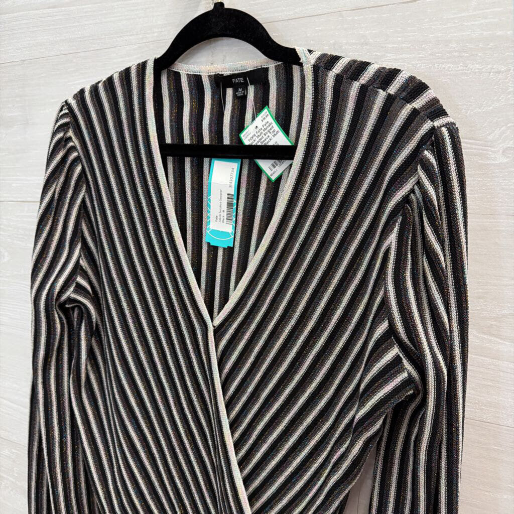 Fate Black/ Multi Metalic Threaded Striped Long Sleeve Top Medium