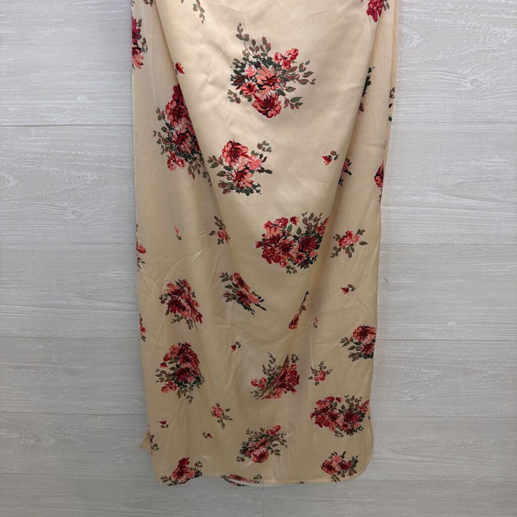 Bittersweet Cream/ Red Silky Floral Print Maxi Dress Large