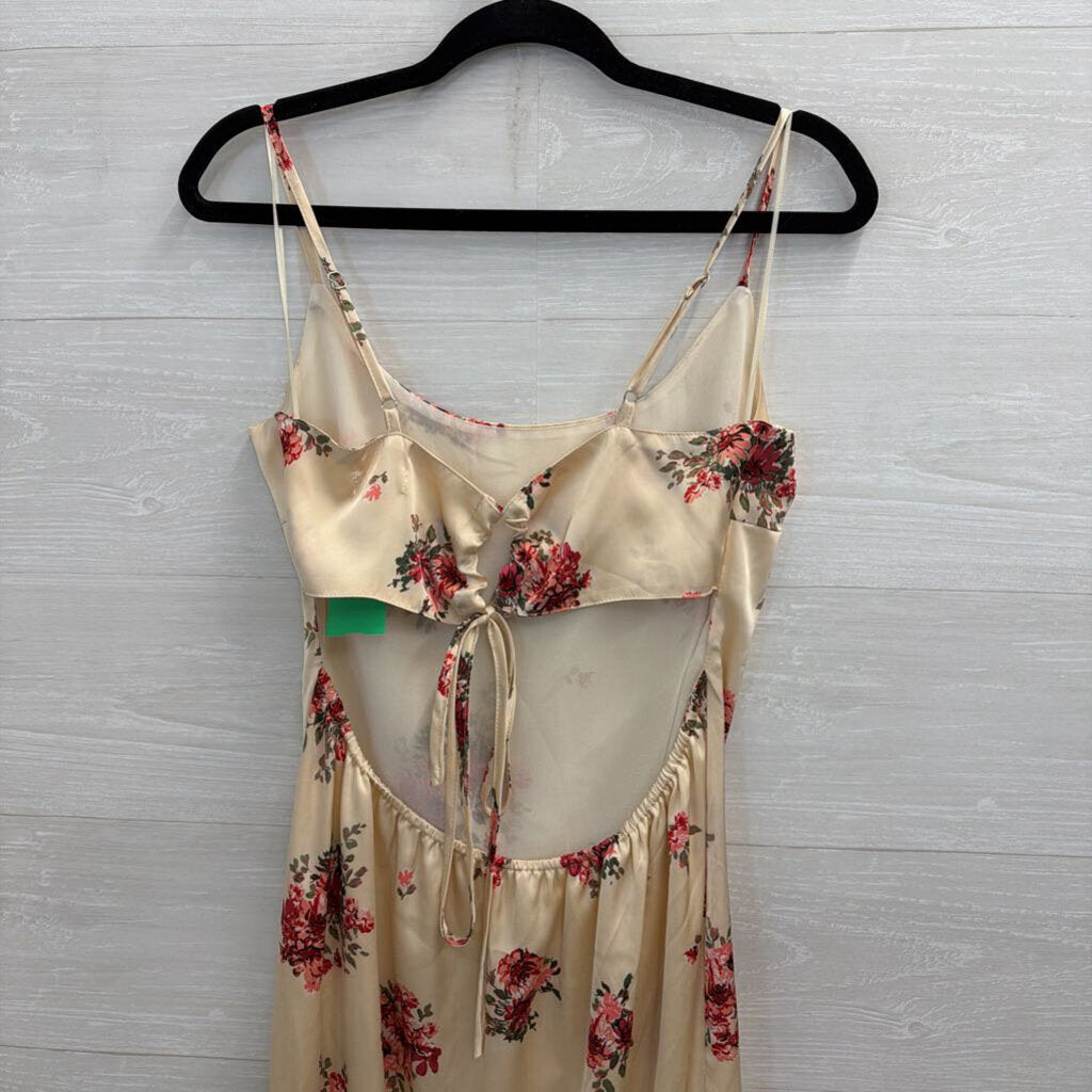 Bittersweet Cream/ Red Silky Floral Print Maxi Dress Large