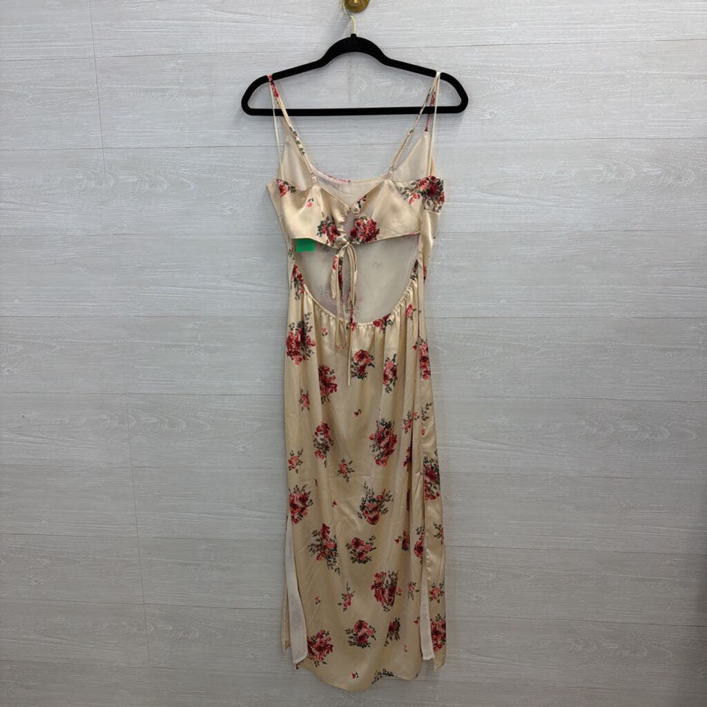 Bittersweet Cream/ Red Silky Floral Print Maxi Dress Large