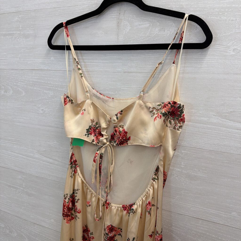 Bittersweet Cream/ Red Silky Floral Print Maxi Dress Large