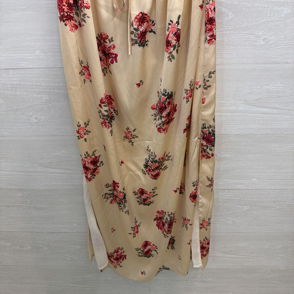 Bittersweet Cream/ Red Silky Floral Print Maxi Dress Large