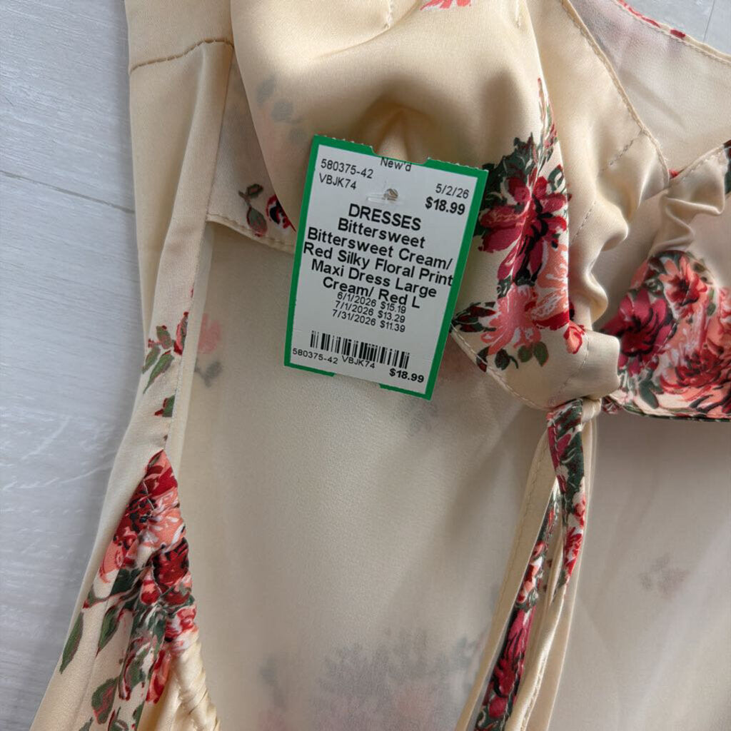 Bittersweet Cream/ Red Silky Floral Print Maxi Dress Large