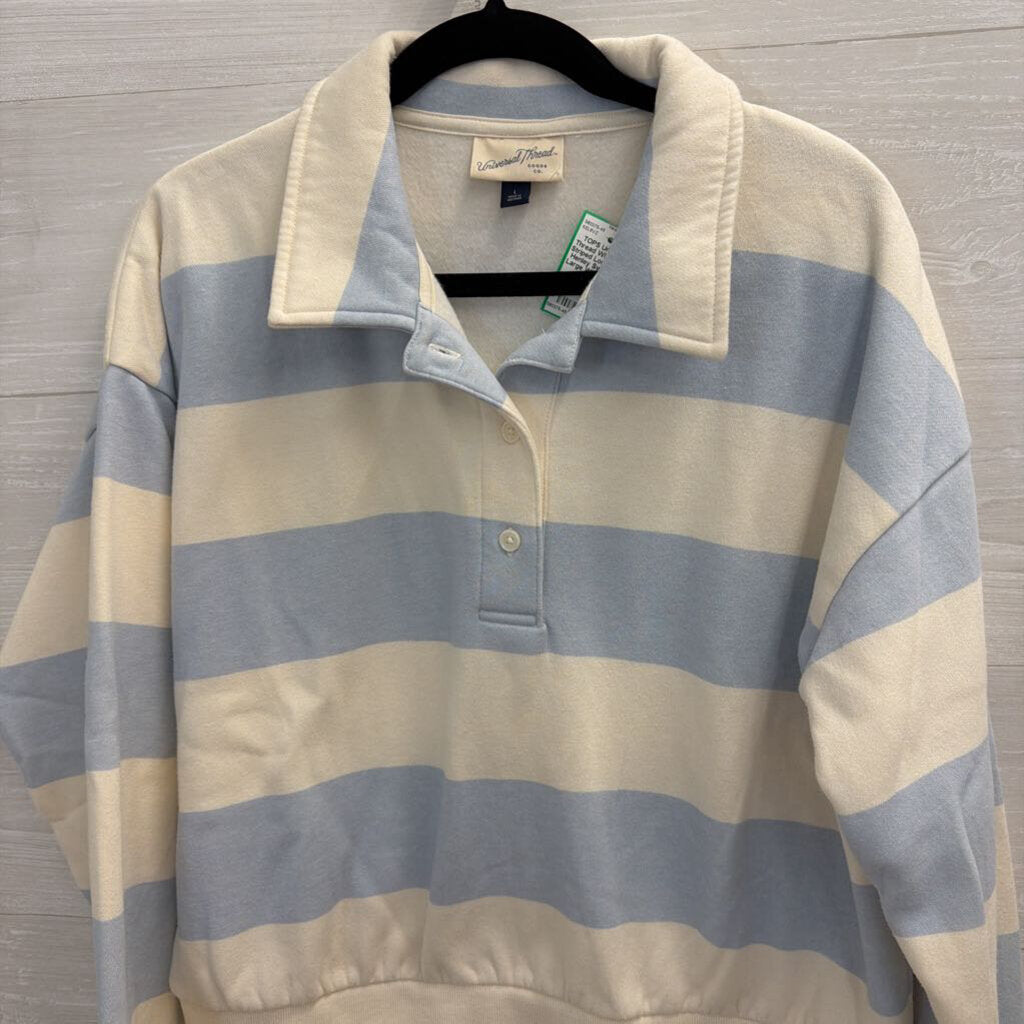 White/ Blue Striped Long Sleeve Henley Sweatshirt Large